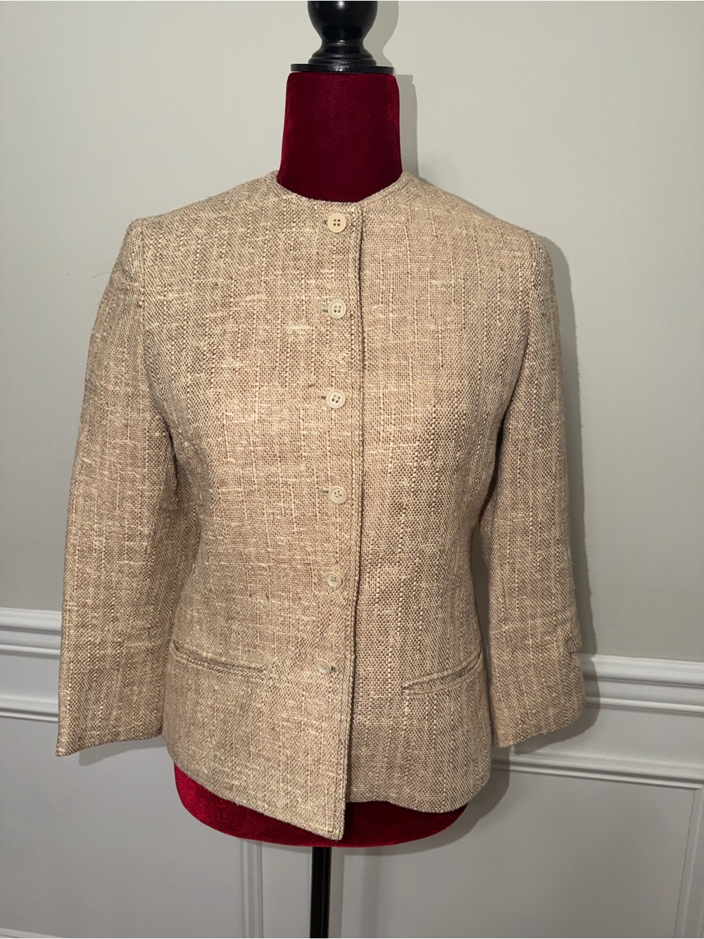 Vintage 60s 70s Beige Tweed Jacket Collarless Button Front Textured Blazer